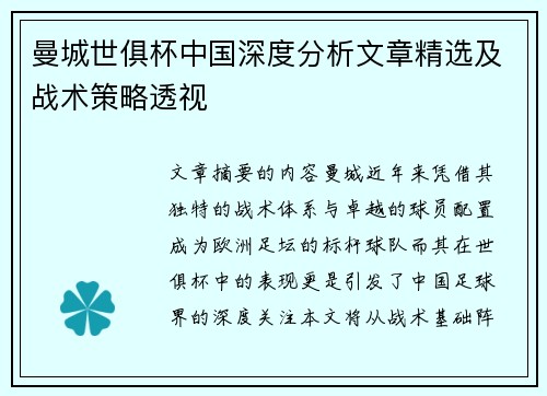 曼城世俱杯中国深度分析文章精选及战术策略透视