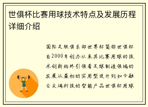 世俱杯比赛用球技术特点及发展历程详细介绍